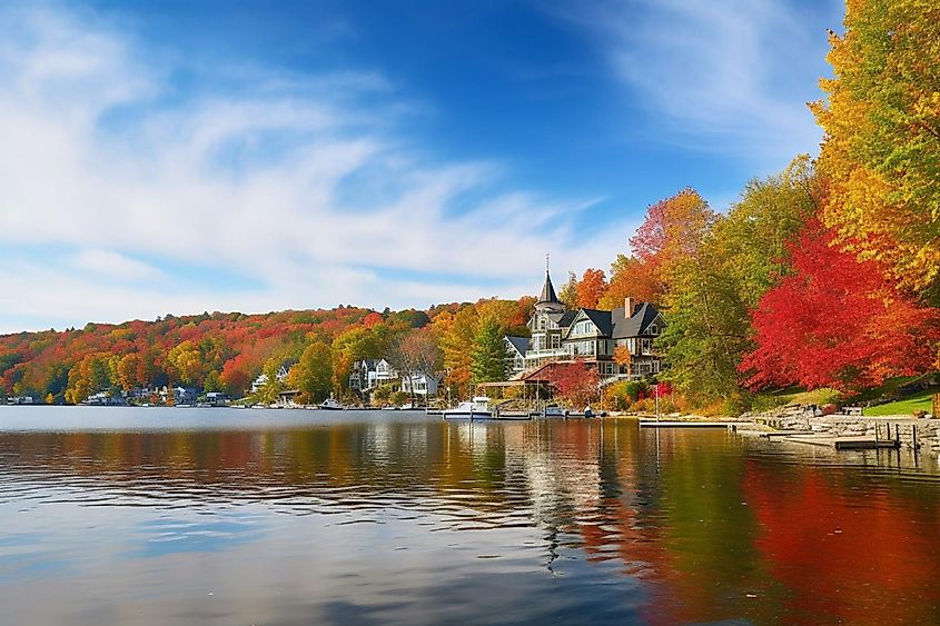 Lake Winnipesaukee Meredith Bay in historic town of Meredith in fall, New Hampshire NH, USA. 