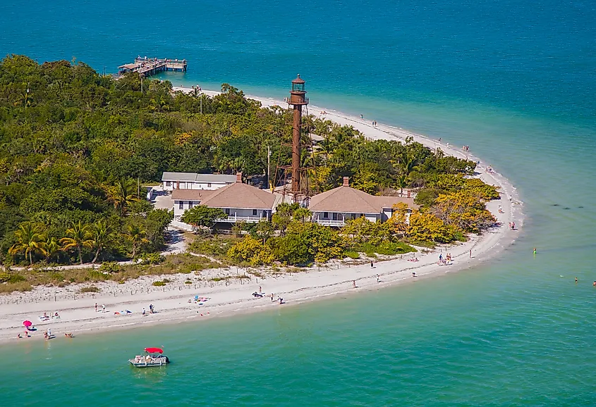 Aerial view of the historic Sanibel Lighthouse Beach Park, Florida.
