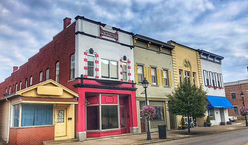 Downtown storefronts in Main Street in the small Ohio village of Gallipolis. Image credit Wendy van Overstreet via Shutterstock