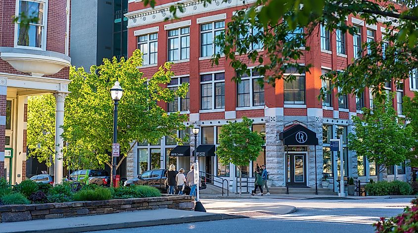 Fayetteville, Arkansas / USA - May 04 2019: Building Facade view, historical square downtown Fayetteville, Northwest Arkansas.