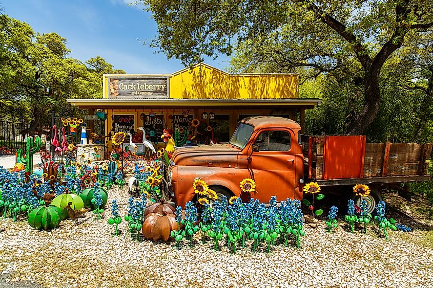 A Cackleberry shop with artwork on display in Wimberly, Texas.