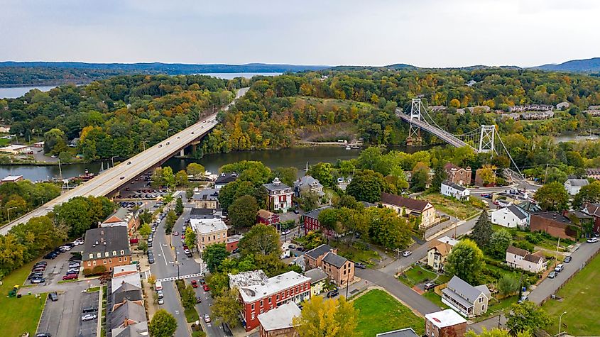 Roundout Creek flows past under the bridges on the waterfront in south Kingston, New York. 