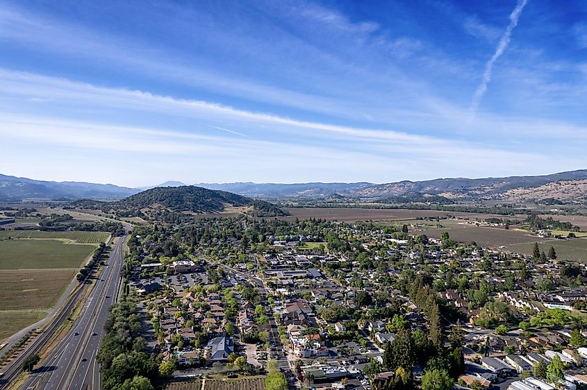 Aerial view of Yountville, California, one of the many small towns in Napa Valley known for its restaurants and wine