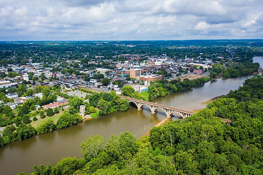 Aerial view of Fredericksburg Virginia from across the Rappahannock River 