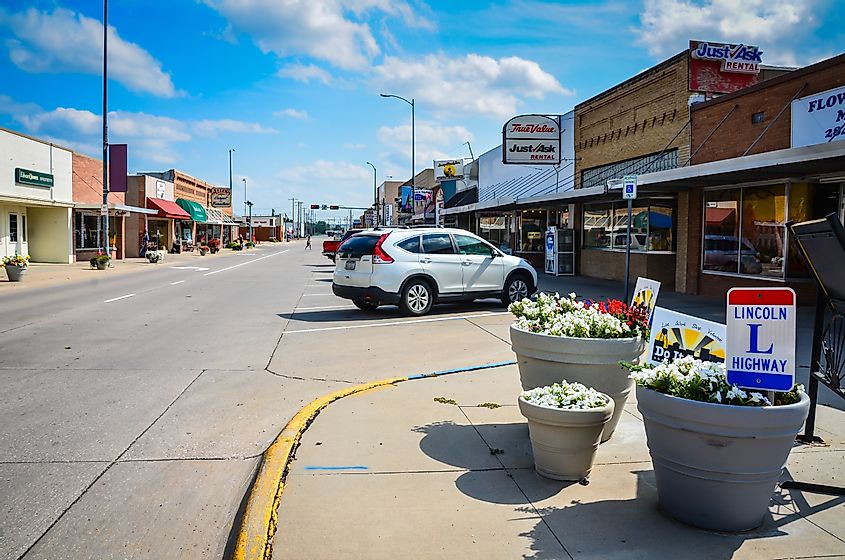 The Lincoln Highway, the United State's first transcontinental highway, runs through a typical American main street in Ogallala, via Sandra Foyt / Shutterstock.com