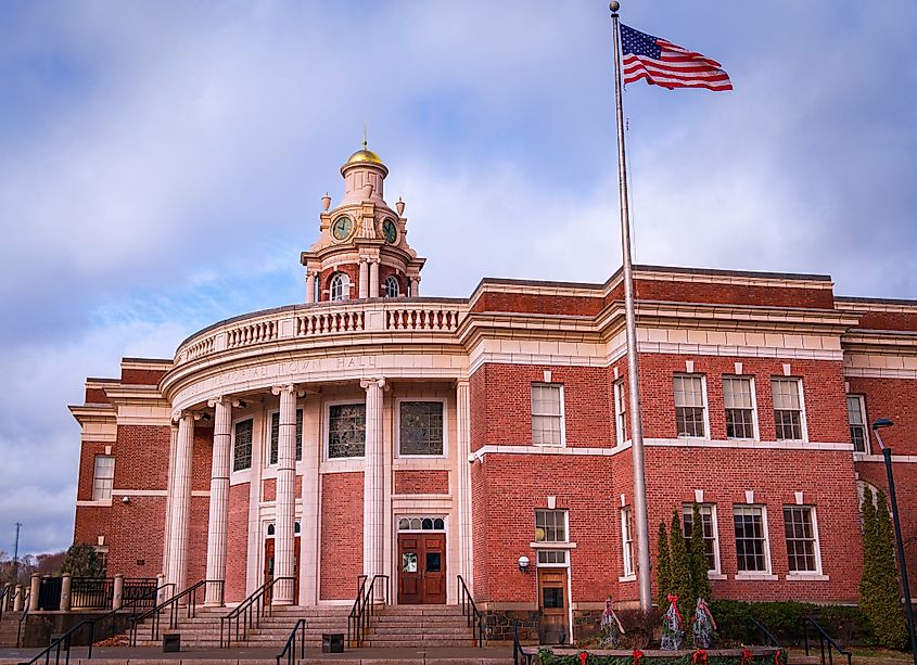 Hamden Memorial Town Hall in Connecticut, Neo-Classical Colonial Revival Two-story Masonry Architectural Structure built in 1924 at the junction of Dixwell and Whitney Avenues.