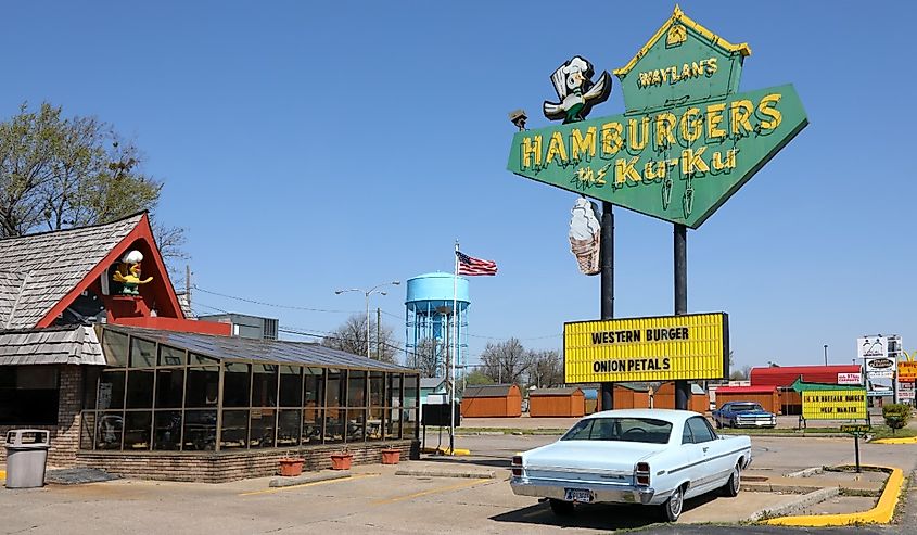 Waylans Hamburgers the Ku Ku sign on Route 66, Miami, Oklahoma. Image credit Fotogro via Shutterstock
