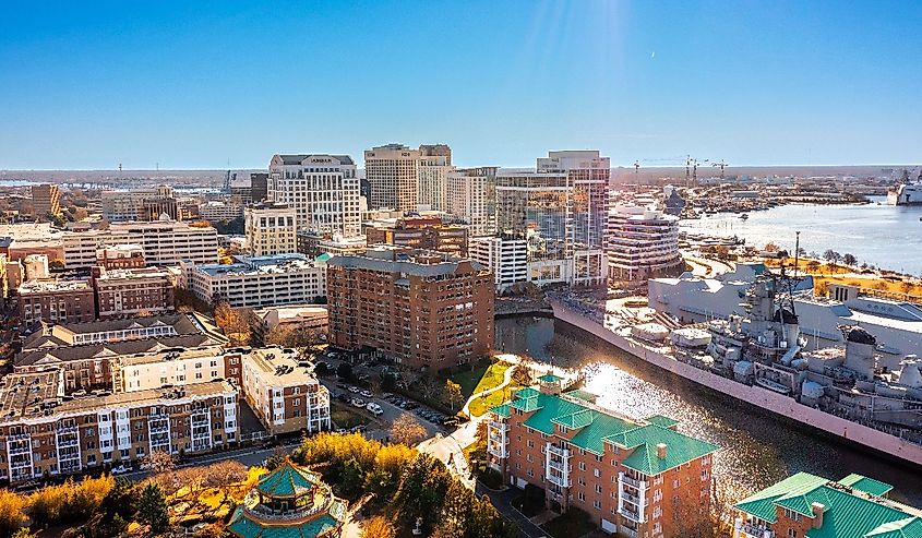 Aerial view of Norfolk, Virginia with stunning blue sky and building landscapes