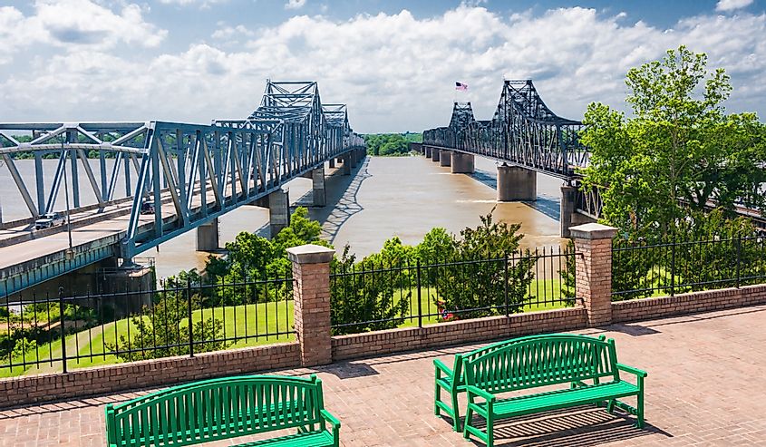 Mississippi River bridge, at Vicksburg, MS. I-20 bridge and "old bridge, train trestle".
