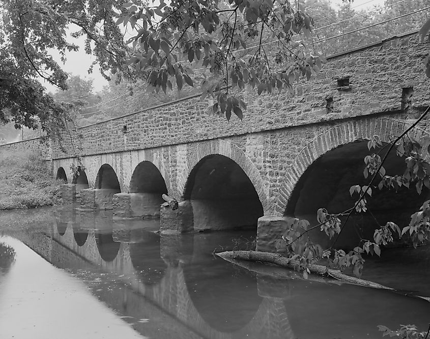Skippack Stone Arch Bridge spanning Skippack Creek at Germantown Pike, Montgomery County, Pennsylvania.