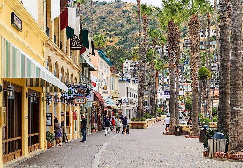The boardwalk in Avalon (Santa Catalina Island) with shops on the left