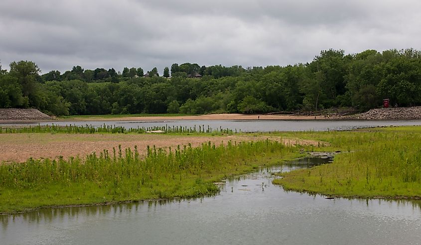 Grassy shoreline along Lake Red Rock on the Des Moines River in Iowa