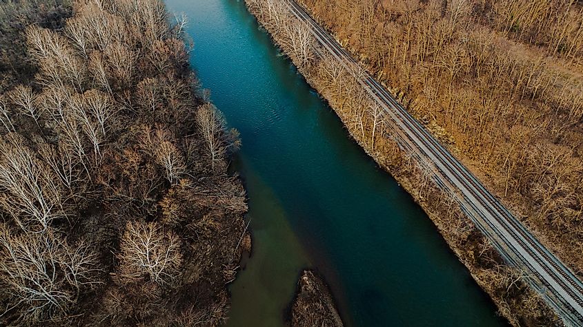 An aerial shot of The Great Allegheny Passage and surroundings in Sutersville, Pennsylvania.