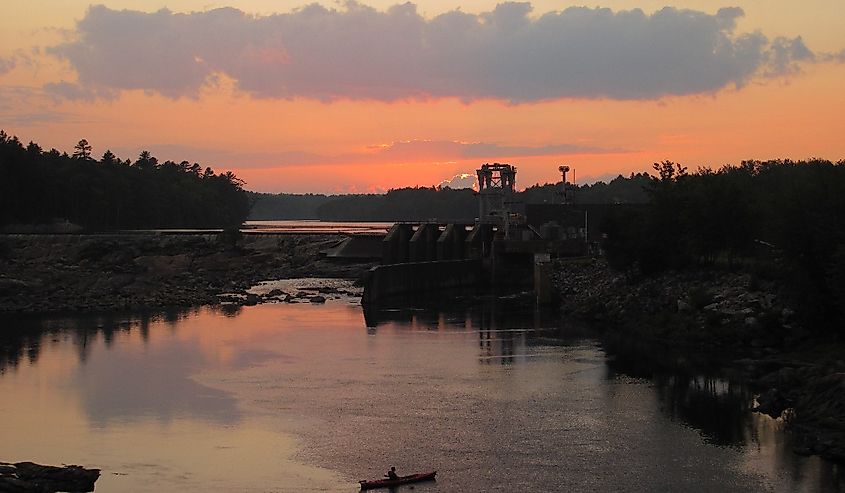 Lisbon Falls, Maine, at sunset. 