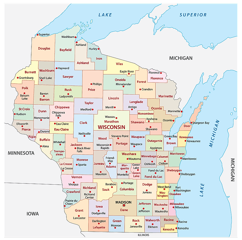 County map of Wisconsin, showing counties along Lake Superior to the northwest and Lake Michigan to the east.
