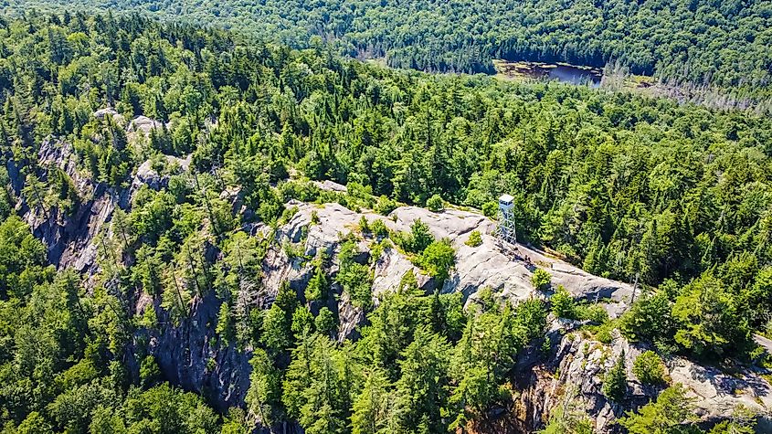 Aerial scenic view of fire observation tower at Bald Mountain Adirondacks