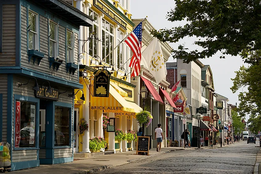 View of buildings along a street in Narragansett, Rhode Island.