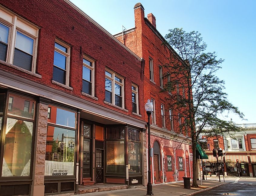Street with shops in downtown Seneca Falls, New York.