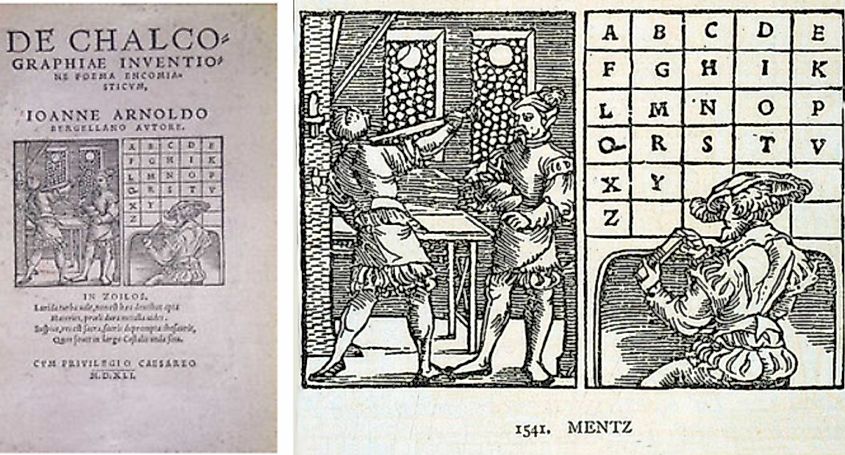 De chalcographiae inventione (1541, Mainz) with the 23 letters. J, U and W are missing.
