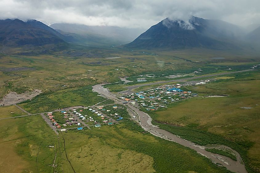 Aerial landscape view of the town of Anaktuvuk Pass, located in Gates of the Arctic National Park in northern Alaska.