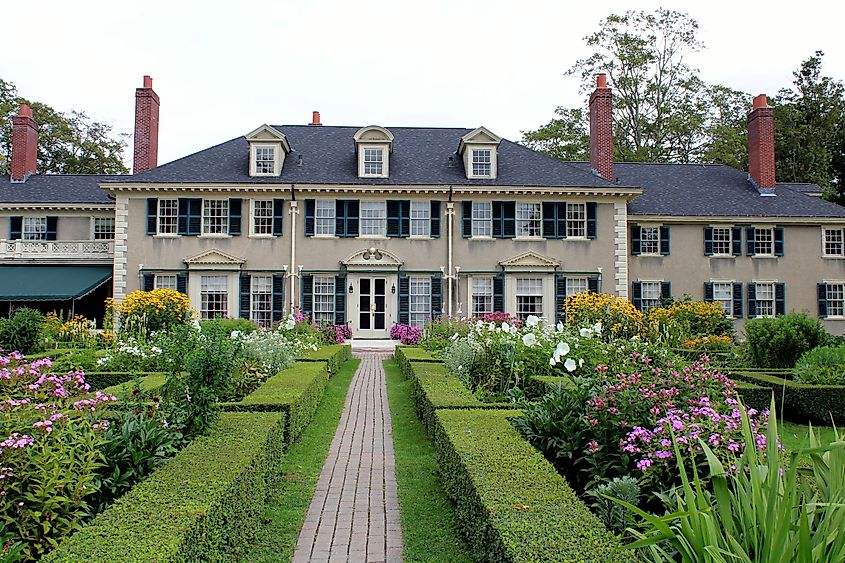 Exterior architecture and landscaped gardens of Hildene, The Lincoln Family Home in Manchester, Vermont.