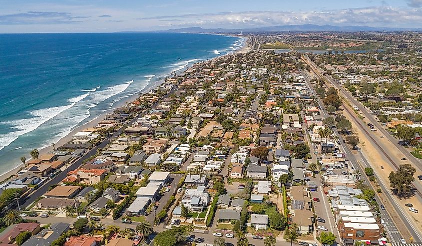 Aerial of Encinitas California along the Pacific Ocean coastline
