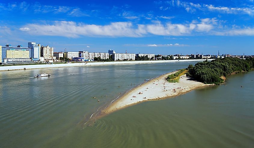 View on the Omsk, Irtysh river and island with beach, Russia