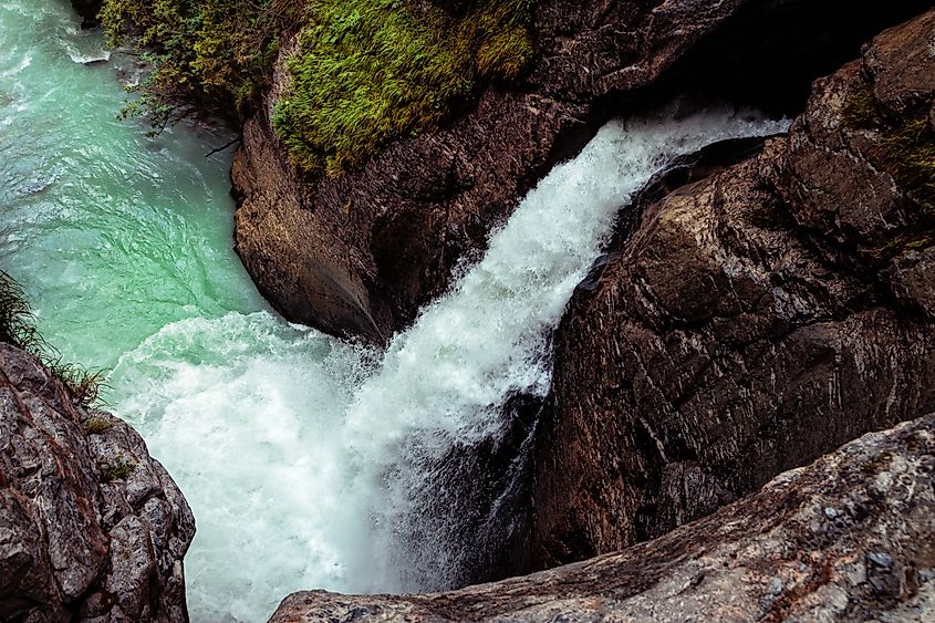 The lower waterfall of the Trümmelbach glacier waterfalls in the Lauterbrunnen Valley, Bernese Oberland, Switzerland.