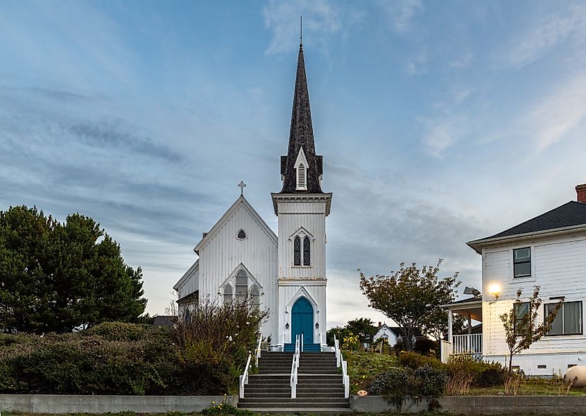 Front view of the Mendocino Presbyterian Church during sunrise