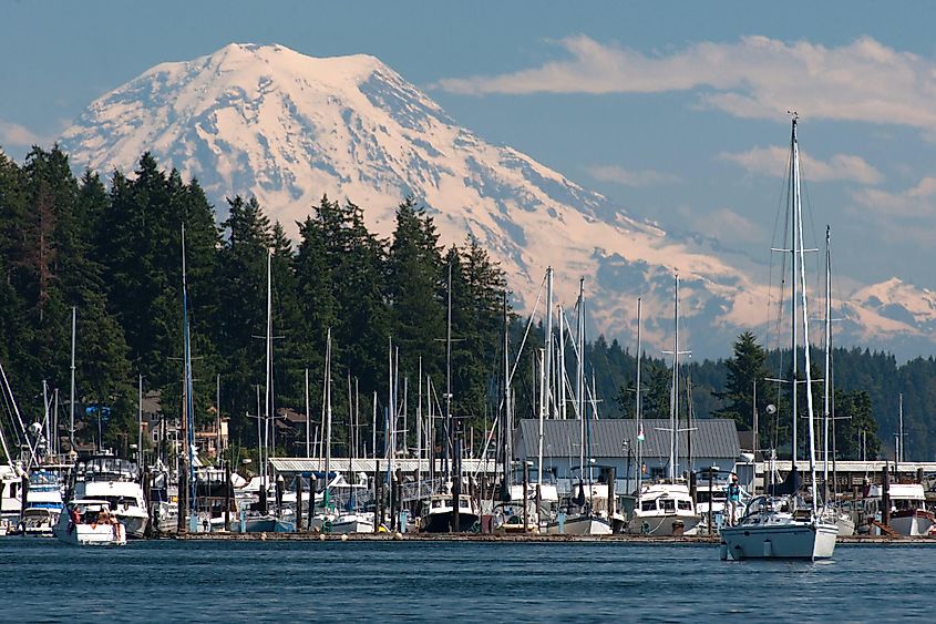 Mt Rainier Looms over Sleepy town of Gig Harbor.