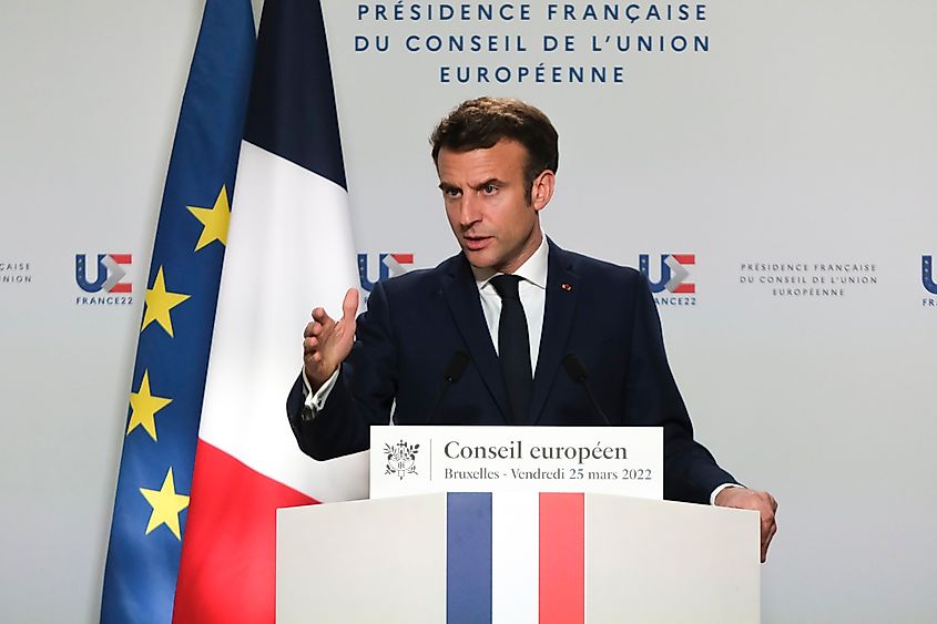 French President Emmanuel Macron speaks to the media following a European Union leaders' summit in Brussels, Belgium.