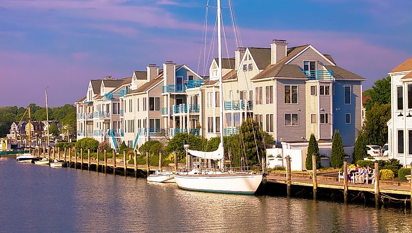 A sailboat along the coast in Mystic, Connecticut.