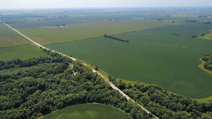 Aerial Drone View of Corn Fields and Rural Farmland Near Omaha, Nebraska.