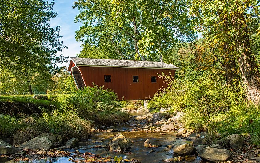 Covered bridge over Falls Brook at Kent Falls State Park, Connecticut