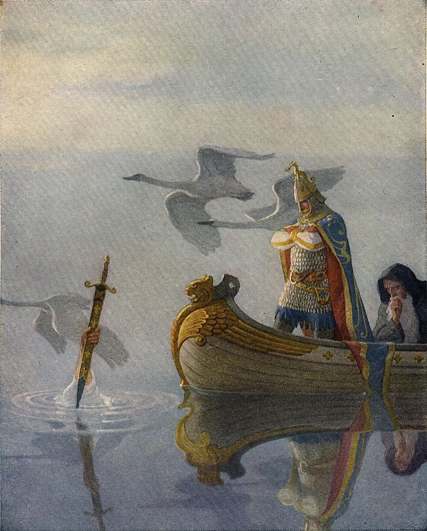 Arthur receiving the later tradition's sword Excalibur in N. C. Wyeth's illustration for The Boy's King Arthur (1922).