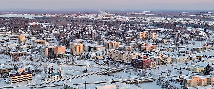 Aerial view of Fairbanks and its buildings.