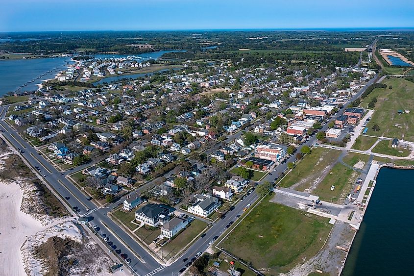 Aerial view of the town of Cape Charles Virginia looking Northeast from the Chesapeake Bay with a grid, via Kyle J Little / Shutterstock.com