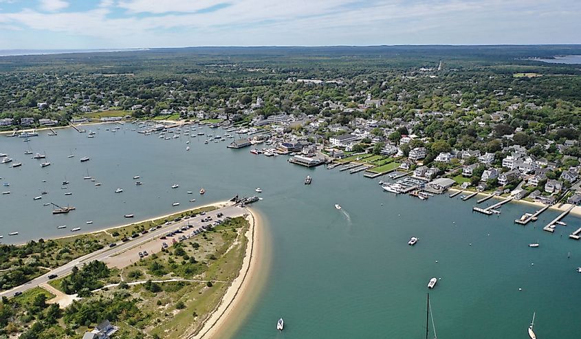 Aerial view of boats in the harbor in Edgartown, Martha's Vineyard.