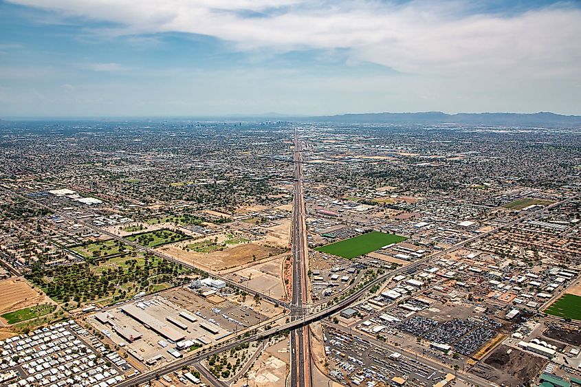 Grand Avenue aerial view looking from the NW to SE above Northern Avenue in Glendale, Arizona