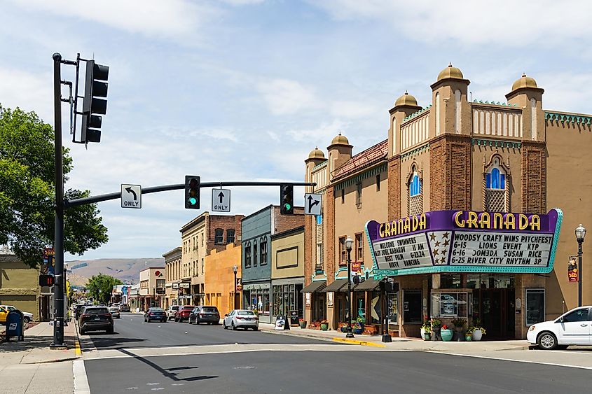 View along E 2nd Street in The Dalles Oregon with the Granada Theatre