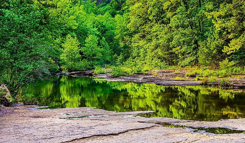 Foliage reflections on Haw Creek in Russellville, Arkansas.