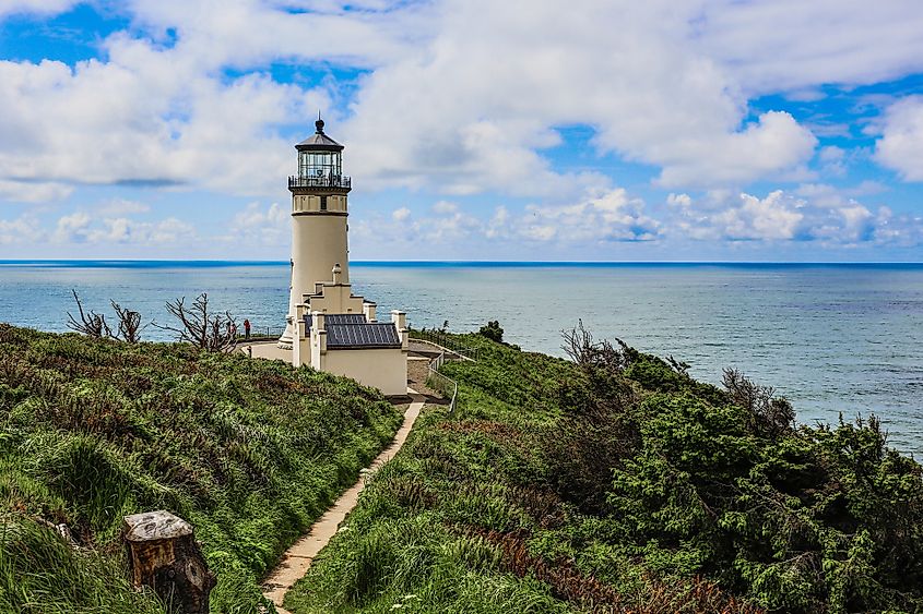 Lighthouse on a headland above the Pacific at Cape Disappointment State Park, Washington.