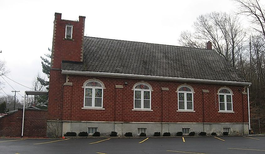  Northern side of the Pilgrim Holiness Church, located at 312 Main Street in English, Indiana, United States.