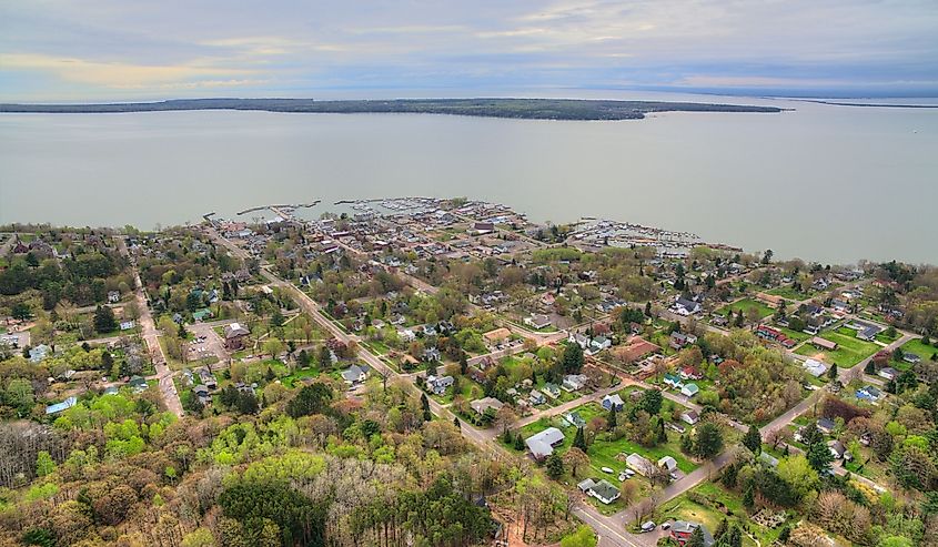 Bayfield, Wisconsin and Lake Superior aerial view during summer