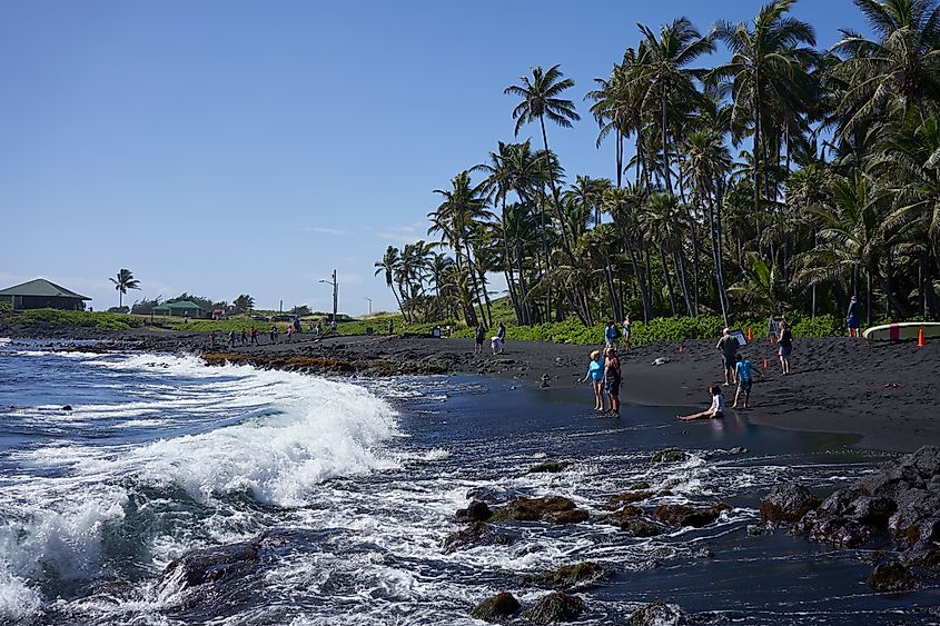 Punalu'u Black Sand Beach near Pāhala on the Big Island of Hawaii.