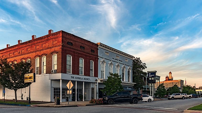 Historic district of downtown Eufaula at sunset.