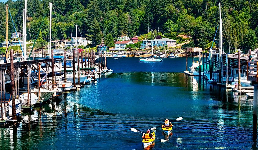 White Sailboats Marina Kayaks Reflection, Gig Harbor, Pierce County, Washington State
