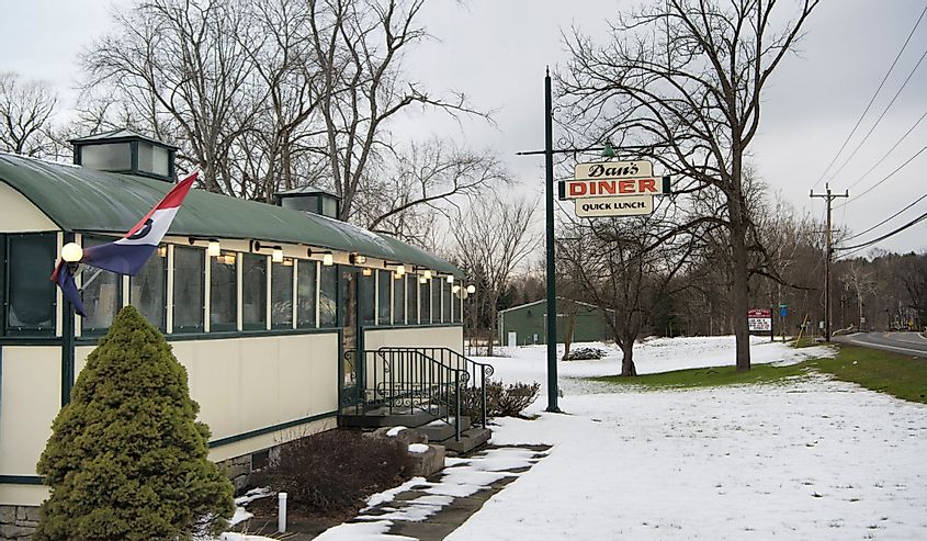 The 1920's landmark Dan's Diner in Chatham, New York on an overcast winter day.