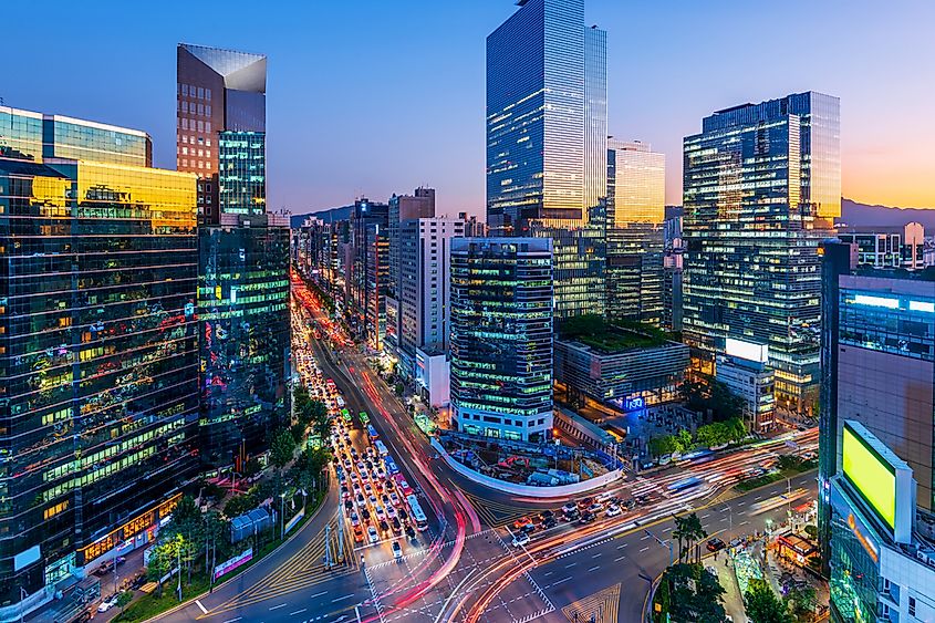 Traffic of Seoul City Skyscraper at Gangnam square,South Korea