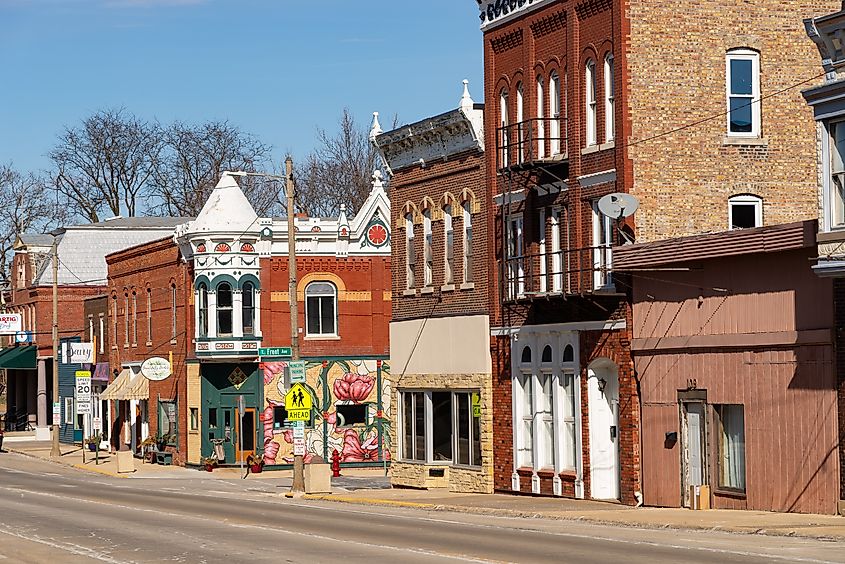 Downtown building and storefront in Stockton, Illinois, USA.